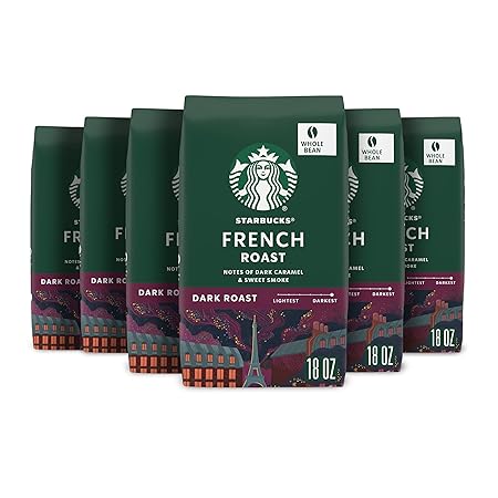 Starbucks Whole Bean Coffee, Dark Roast Coffee, French Roast, 100% Arabica, 6 bags (18 oz each)