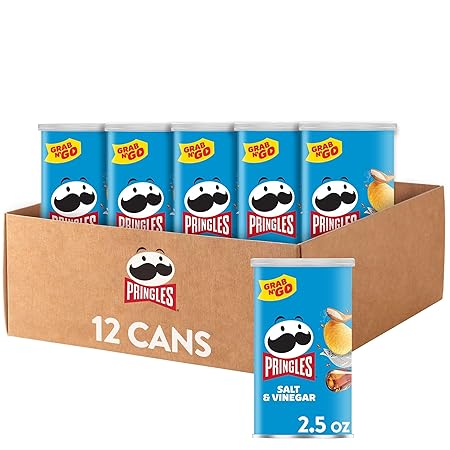 Pringles Potato Crisps Chips, Lunch Snacks, On-The-Go Snacks, Grab n' Go, Salt and Vinegar (12 Cans)