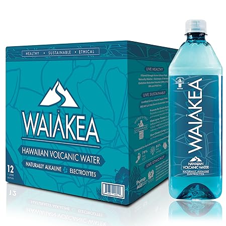 Waiakea Hawaiian Volcanic Water, Naturally Alkaline, 100% Recycled Bottle, 1L (Pack of 12), 33.8 Fl Oz (Pack of 12)