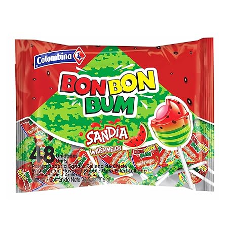 Colombina Bon Bon Bum Lollipops Watermelon Flavor, 48 Count (Pack of 1)