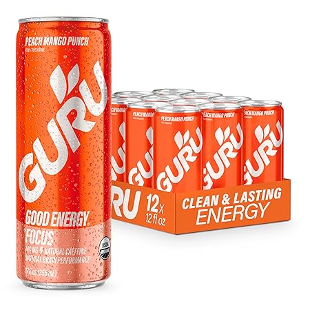 GURU Peach Mango Punch Organic Energy Drinks, Clean Energy Drink with Plant Based Natural Caffeine from Green Tea + Focus with L Theanine, Gluten Free and Vegan, 140MG Caffeine, 12oz (Pack of 12)