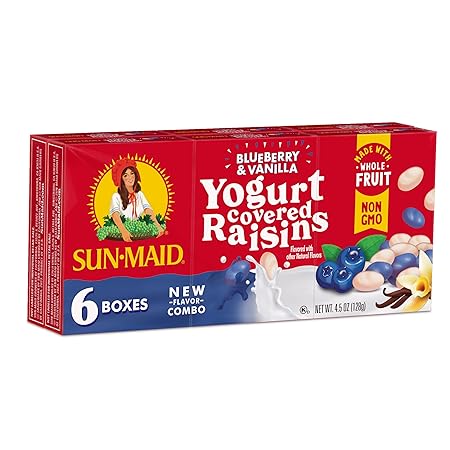 Sun-Maid Blueberry & Vanilla Yogurt Coated Raisins - (6 Pack) 0.75 oz Snack-Size Box - Yogurt Covered Dried Fruit for Lunches and Back to School Snacks