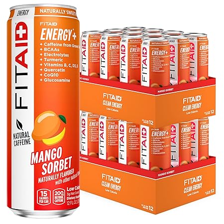 FITAID ENERGY, 200mg Natural Caffeine, Keto, Mango Sorbet, Optimum Performance Formula: BCAAs, Quercetin, Electrolytes, Omega-3s, 15 Calories, Paleo, Vegan & Gluten-Free, 12-oz. Cans (Pack of 24)