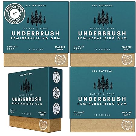 UnderBrush Mastic Mint Remineralizing Gum – Sugar-Free Xylitol Gum with Hydroxyapatite – No Gluten, Sugar, Aspartame and Sucralose - Tree Sap Chewing Base – 4 Pack
