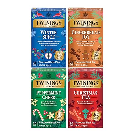 Twinings Holiday Variety Pack Tea Bags, Christmas Tea, Winter Spice, Gingerbread Joy, Peppermint Cheer, 20 Count (Pack of 4), Enjoy Hot or Iced, 80 Teabags