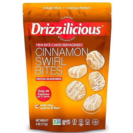 Drizzilicious Mini Rice Cakes Cinnamon Swirl - Rice Crisps, Healthy Snack for Adults and Kids, Flavored Rice Cakes, Vegan, Gluten Free, Allergen Free, Only 90 Calories Per Serving - 4 oz (Pack of 6)