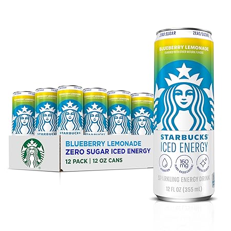 Starbucks Iced Energy Drink, Blueberry Lemonade, Zero Sugar Energy Drink, Plant Based Caffeine, Hydration, Mental Clarity, 12 Fl Oz Cans (Pack of 12)