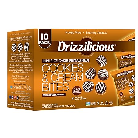 Drizzilicious Mini Rice Cakes Cookies & Cream - Rice Crisps, Healthy Snack for Adults and Kids, Flavored Rice Cakes, Vegan, Gluten Free, Allergen Free, Only 90 Calories Per Bag - 0.74 oz (Pack of 10)