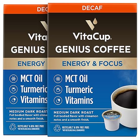 Decaf Genius Keto Coffee Pods with MCT Oil, Turmeric, and B Vitamins by VitaCup for Focus in Recyclable Single Serve Pod Compatible with K-Cup Brewers Including Keurig 2.0, 32 CT