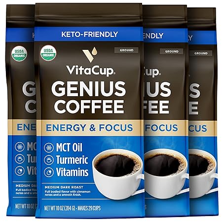 VitaCup Organic Genius Ground Keto Coffee, Increase Energy & Focus w/MCT Oil, Turmeric, B Vitamins, D3, USDA Organic Ground Coffee Medium Dark Roast, 100% Arabica Coffee Grounds, 4 bags, 10 oz each