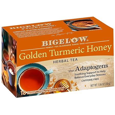 Bigelow Tea Golden Turmeric Honey plus Adaptogens, 18 Count (Pack of 6), 108 Total Tea Bags