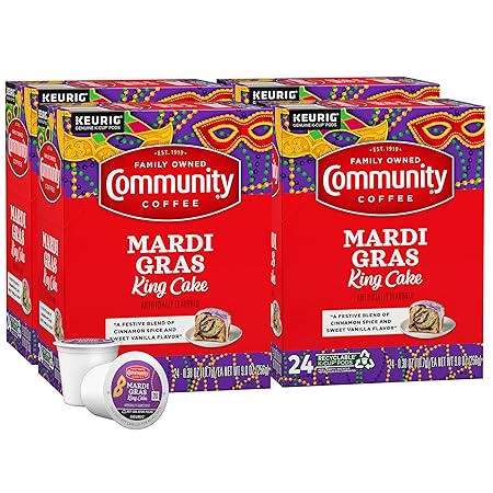 Community Coffee Mardi Gras King Cake Flavored 96 Count Coffee Pods, Medium Roast, Compatible with Keurig 2.0 K-Cup Brewers, 24 Count (Pack of 4)