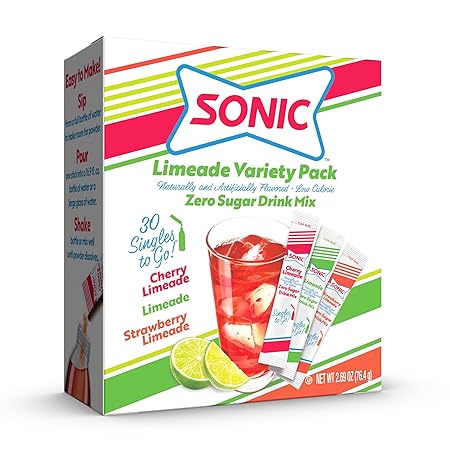 Sonic Singles To Go Limeade Variety Pack, Watertok Powdered Drink Mix, Includes 3 Flavors, Limeade, Cherry Limeade, Strawberry Limeade, 1 Box (30 Servings)