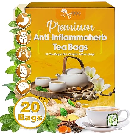 20 Tea Bags - Anti-Inflammaherb Loose Leaf Tea, 100% Natural from Ginger, Turmeric, Peppermint, Black Pepper, Cinnamon. No Sugar, No Caffeine, No Gluten, Vegan