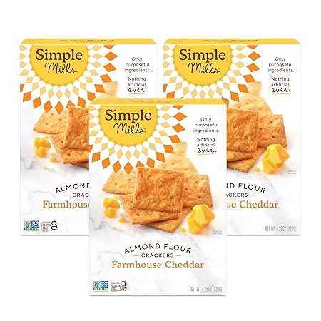 Simple Mills Almond Flour Crackers, Farmhouse Cheddar - Gluten Free, Healthy Snacks, 4.25 Ounce (Pack of 3)