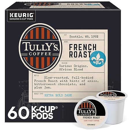 Tully's Coffee French Roast, Keurig Single Serve K-Cup Pods, Dark Roast Coffee, 60 Count, (6 Packs of 10)