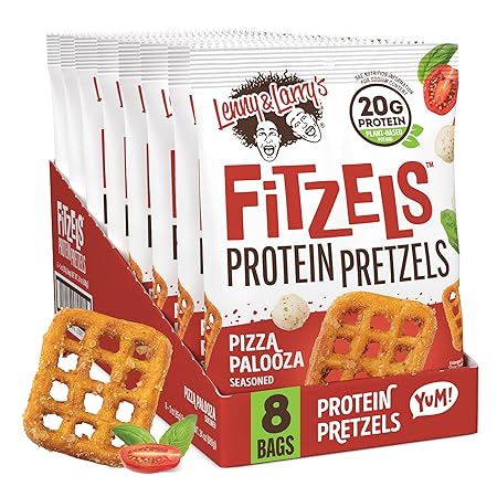 Lenny & Larry's Pizza Palooza FITZELS- Savory Pretzel Snacks Incredibly Tasty High Protein, Salty, Vegan 20 g's of Plant Based Protein 8 (eight) Bags, 3 oz Each