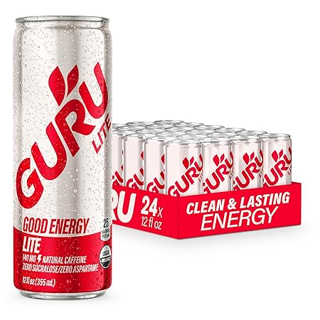 GURU Lite Organic Energy Drinks, Clean Energy Drink with Plant Based Natural Caffeine from Green Tea, Low Calorie, Gluten Free and Vegan, 140MG Caffeine, Healthy Drinks, 12oz (Pack of 24)