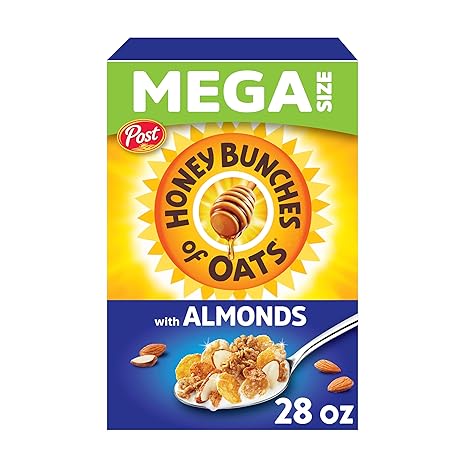 Honey Bunches of Oats with Almonds Breakfast Cereal, Honey Cereal with Granola Clusters and Sliced Almonds, Family Size Cereal, 28 OZ Box