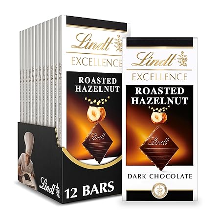 Lindt EXCELLENCE Roasted Hazelnut Dark Chocolate Bar, Dark Chocolate Candy with Roasted Hazelnut Pieces, 3.5 oz. (12 Pack)