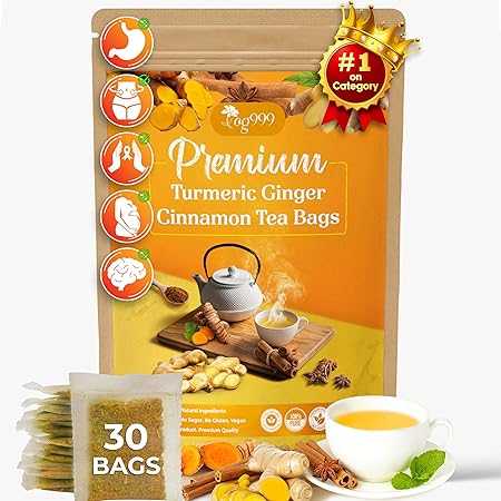 30 Bags Premium Turmeric Ginger Cinnamon Tea, Improve Digestion, Support Brain, Weight, Skin and Sleep, Eco-Conscious Tea Bags and Premium Natural Ingredients. Turmeric Ginger Herbal Tea. No Sugar, No Caffeine, No Gluten, Vegan.
