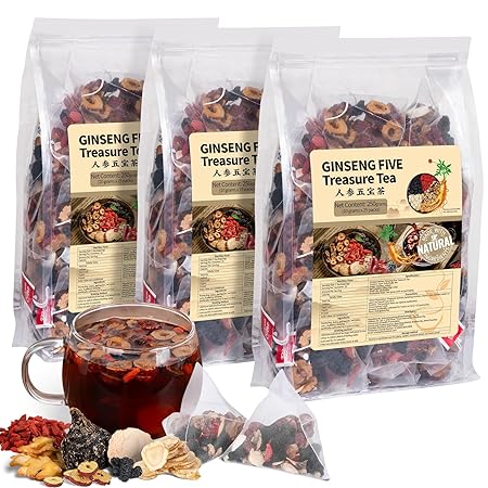 Ginseng Five Treasures Kidney Tea, Traditional Chinese Herbal TeaBags, Natural Organic Kidney Cleanse Detox Tea for Women & Men, 7 Precious Ingredients Formula(3 Pack/75 Bags)