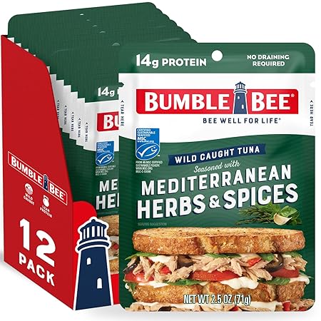 Bumble Bee Mediterranean Herbs & Spices Seasoned Tuna, 2.5 oz Pouches (Pack of 12) - Ready to Eat - Wild Caught Tuna Packet - 14g Protein per Serving - Gluten Free
