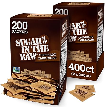 Sugar In The Raw Granulated Turbinado Cane Sugar On The Go Packets, No Erythritol, Pure Natural Sweetener, Hot & Cold Drinks, Coffee, Baking, Vegan, Gluten-Free, Non-GMO, 200 Count Packets (2-Pack)