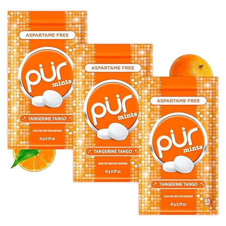 PUR Mints | Aspartame Free Breath Mints | Made with Xylitol | Sugar Free, Vegan, Gluten Free | Natural Tangerine Tango Flavor | 65 Pieces in Re-Sealable pouch (Pack of 3)