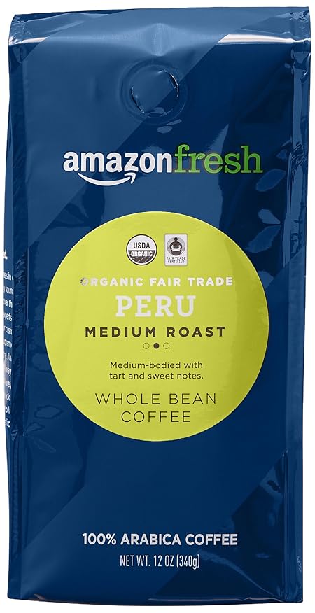 Amazon Fresh, Organic Fair Trade Peru Whole Bean Coffee, Medium Roast, 12 Oz