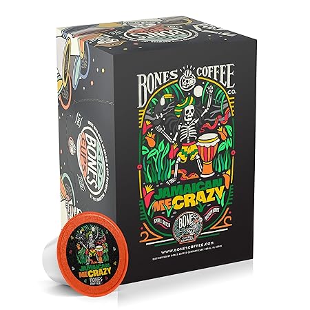 Bones Coffee Company Flavored Coffee Bones Cups Jamaican Me Crazy Flavored Pods | 12ct Single-Serve Coffee Pods Compatible with Keurig 1.0 & 2.0 Keurig Coffee Maker