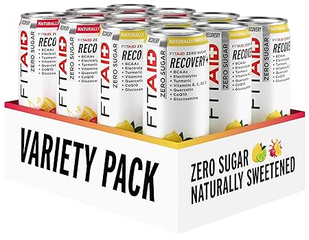 FITAID ZERO Sugar, Keto-Friendly, Number 1 Post-Workout Recovery Drink, Contains Zero Sugar, BCAAs, Glucosamine, 5 Calories, Keto Variety Pack, 12 Fl Oz (Pack of 12)