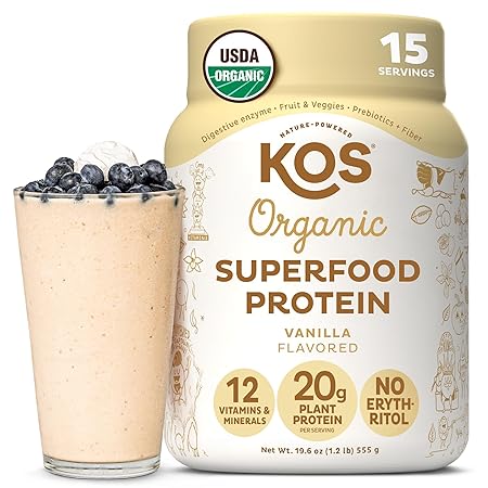 KOS Vegan Protein Powder Erythritol Free, Vanilla - USDA Organic Pea Protein Blend, Plant Based Superfood Rich in Vitamins & Minerals - Keto, Dairy Free - Meal Replacement for Women & Men, 15 Servings