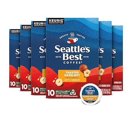 Seattle’s Best Coffee, Flavored K-Cup Coffee Pods, Toasted Hazelnut, 100% Arabica, 6 Boxes (60 Pods Total)