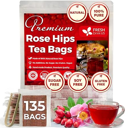 FreshDrinkUS, Premium 135 Rosehip Tea Bags, 100% Natural & Pure from Rose Hip Fruits. Loose Rosehip Herbal Tea. Made with Natural Material Tea Bags. No Sugar, No Caffeine, No Gluten, Vegan.