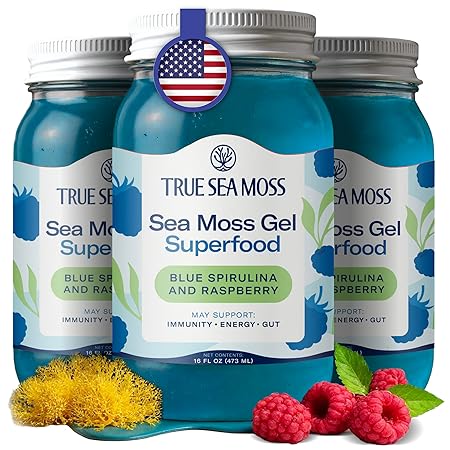 TrueSeaMoss Sea Moss Gel – Made in USA – Wildcrafted Seamoss, Fresh Fruits & Jarred Vegetables – Blue Spirulina, Pack of 3 (Labels may Vary)