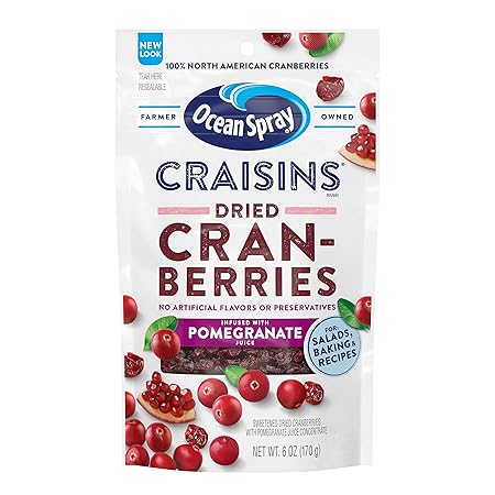 Ocean Spray® Craisins® Pomegranate, Dried Cranberries Infused with Pomegranate Juice, Dried Fruit, 6 Oz Pouch (Pack of 12)