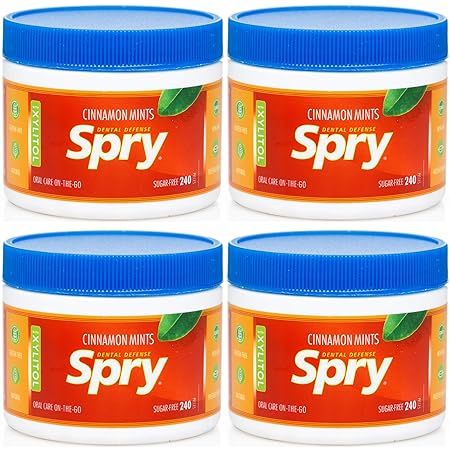 Spry Xylitol Cinnamon Mints Sugar Free Candy - Promote Oral Health, Increase Saliva Production, Stop Bad Breath, Non-GMO, Gluten-Free, 240 Count (Pack of 4)