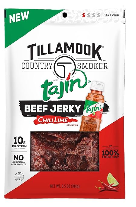 Tillamook Beef Jerky, Country Smoker Beef Jerky with Chili Lime Tajin Seasoning, Low Carb & High Protein, Ready to Eat Keto Snack, Savory & Tangy Flavor, Mildly Spicy Snacks, 6.5 oz