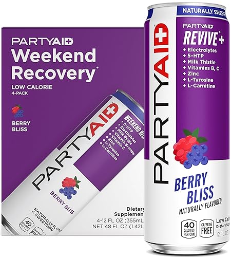 PARTYAID Rehab Blend, Feel Good Tonight and Tomorrow, Contains 5-HTP, B-Complex, Milk Thistle, Electrolytes, No Artificial Flavors or Sweeteners, Caffeine-Free, 12 Fl Oz (Pack of 4)