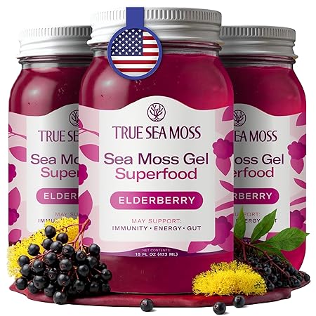 TrueSeaMoss Sea Moss Gel – Made in USA – Wildcrafted Seamoss, Fresh Fruits & Jarred Vegetables – Elderberry, Pack of 3 (Labels may Vary)