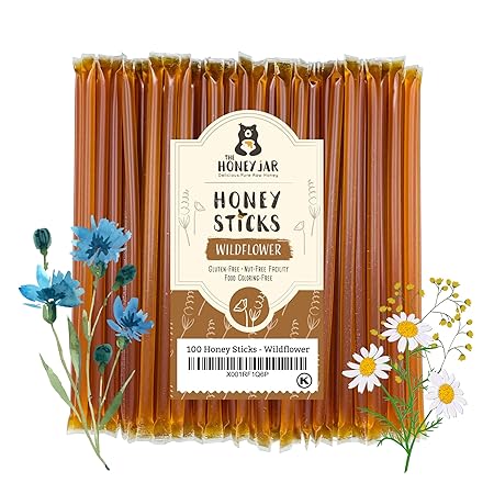 The Honey Jar - Wildflower Varietal Honey Sticks - Pure Honey Straws For Tea, Coffee, or a Healthy Treat - One Teaspoon of Flavored Honey Per Stick - Made In The USA, Real Honey - (100 Count)