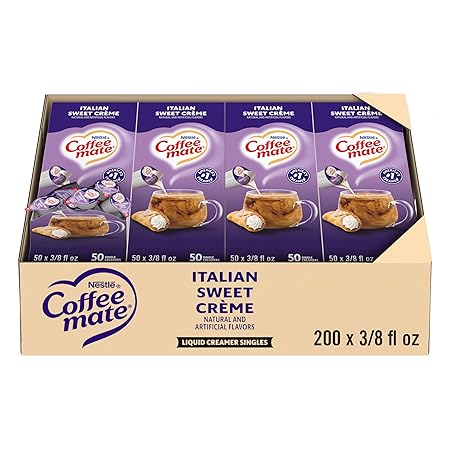 Nestle Coffee mate Coffee Creamer, Italian Sweet Creme, Liquid Creamer Singles, Non Dairy, No Refrigeration, 0.375 fl oz Tubs (Pack of 200)