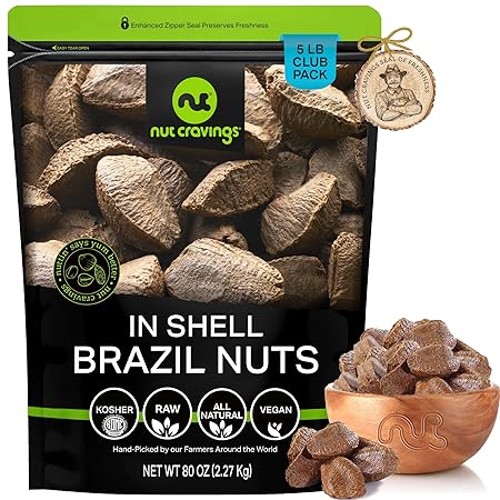 NUT CRAVINGS - Raw Brazil Nuts In Shell - Whole, (80oz - 5 LB) Bulk Nuts Packed Fresh in Resealable Bag - Healthy Protein Food Snack, All Natural, Keto, Vegan, Kosher