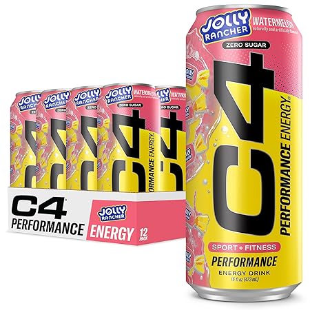 Cellucor C4 Performance Energy Drink | JOLLY RANCHER Watermelon | Zero Sugar Carbonated Preworkout Energy | 200mg Caffeine with Beta Alanine | 16 Fl Oz (12 Pack)