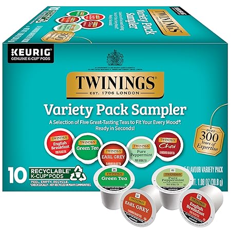 Twinings K-Cup Pods Variety Pack, Includes English Breakfast, Earl Grey, Chai, Green, and Peppermint for Keurig and Single Cup Brewers, 10 Count (Pack of 1), Enjoy Hot or Iced