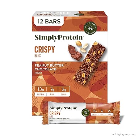 Simply Protein - Peanut Butter Chocolate Crispy Bars - Plant Based Protein Bars - Low Carb, Low Sugar, High Fiber - 13g Protein, 2g Sugar, 7g Fiber - Vegan, Gluten Free, Non GMO, Kosher - 12 Bars