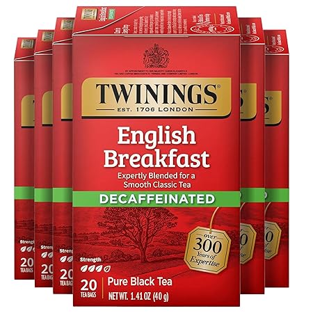 Twinings Decaffeinated English Breakfast Individually Wrapped Bags, 20 Count (Pack of 6), Flavourful & Robust, Enjoy Hot or Iced, 120 Teabags