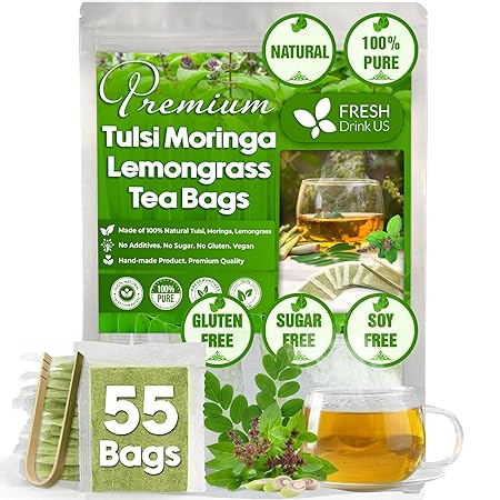 FreshDrinkUS, Premium 55 Tea Bags Tulsi Moringa Lemongrass, 100% Natural & Pure from Tulsi Holy Basil Leaves, Moringa & Lemongrass. Made with Natural Material Tea Bags. No Sugar, No Caffeine, Vegan.