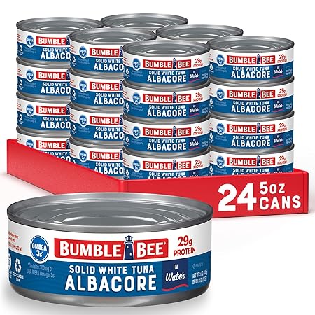 Bumble Bee Solid White Albacore Tuna in Water, 5 oz Can (Pack of 24) - Wild Caught Tuna - 29g Protein per Serving, High in Omega-3s - Non-GMO Project Verified, Gluten Free, Kosher